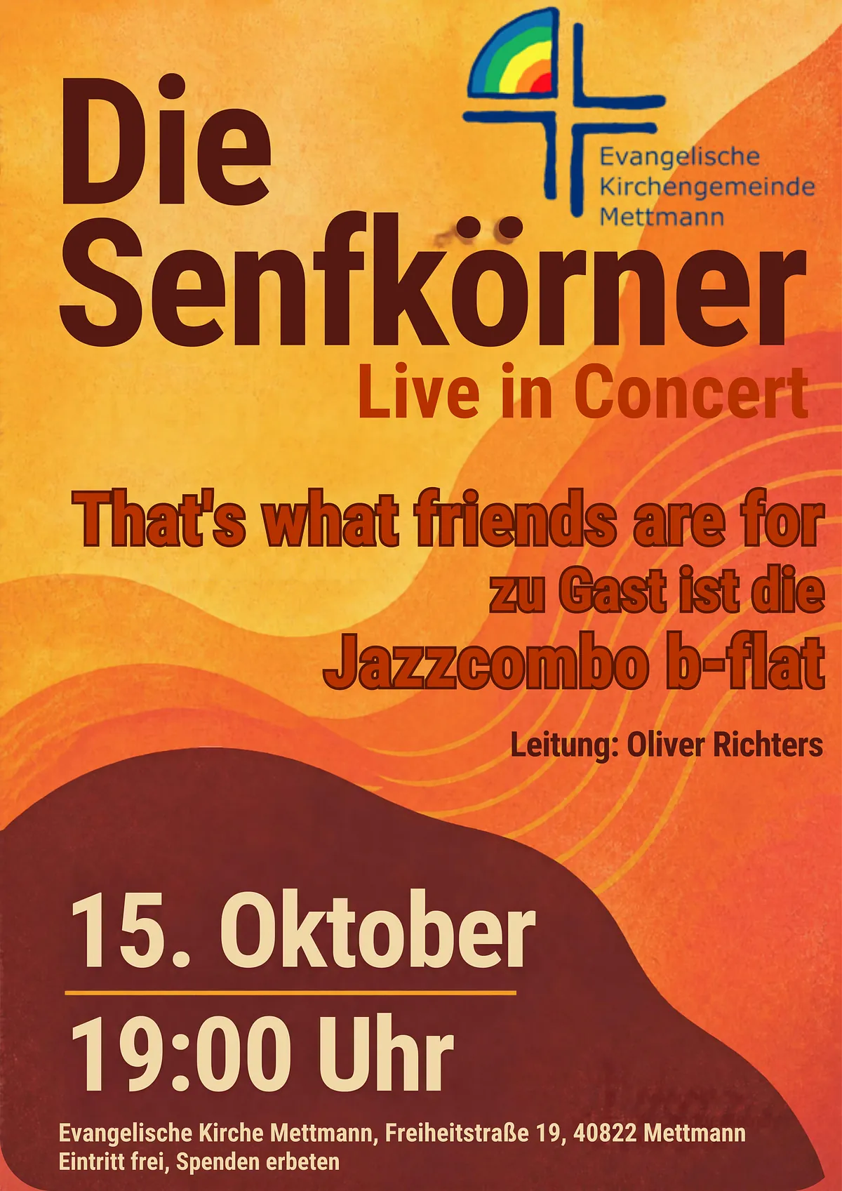Plakat zum Konzert des Gospelchors Die Senfkörner mit Oliver Richters am 15. Oktober 2026